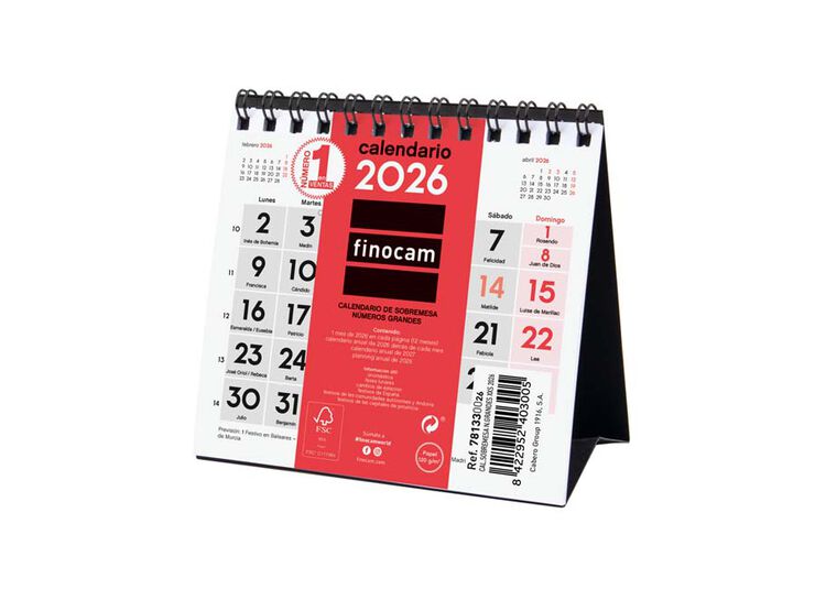 Calendario sobremesa Finocam Números grandes XXS 2026 castellano