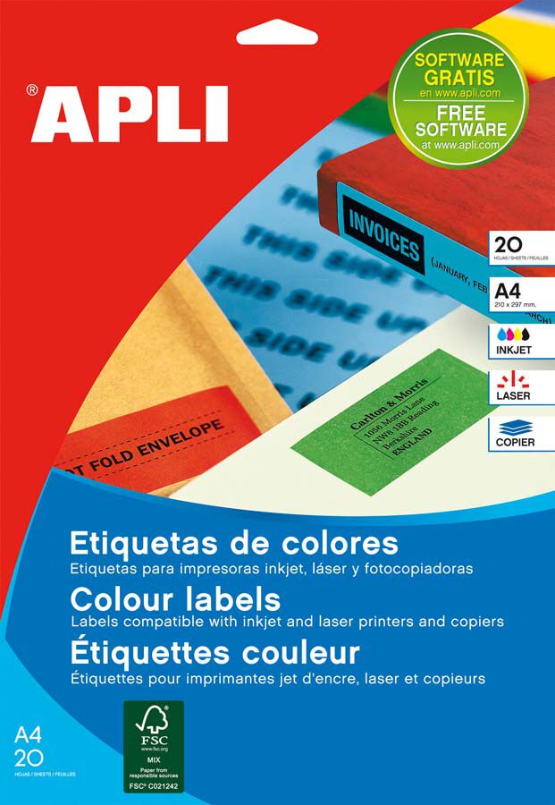 Etiqueta Inkjet Apli A4 105x37mm verde 20 hojas
