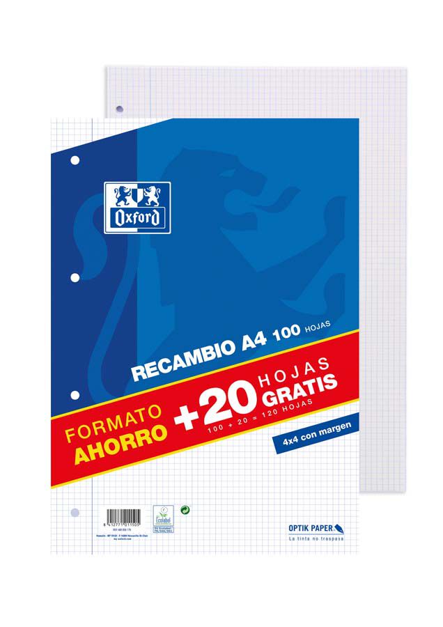 Recambio Papel A4 120 hojas 4x4 4 taladros Oxford