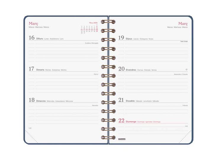 Agenda Finocam Alma E5 setm/vista horitzontal cat 2026 blau