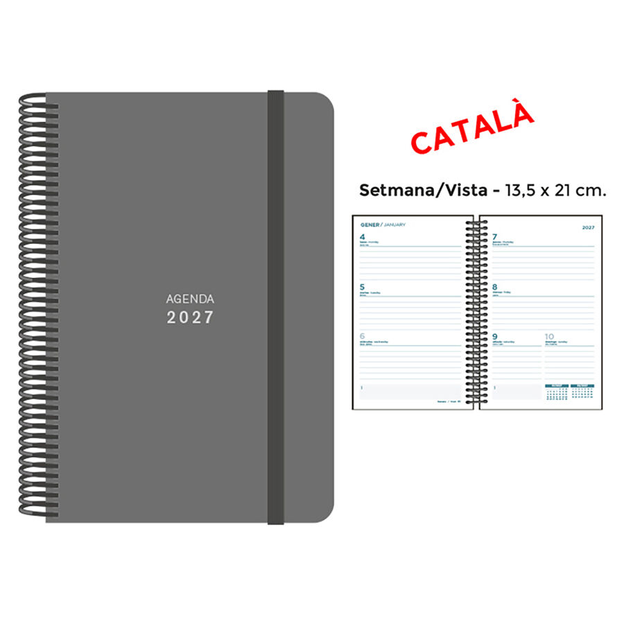 Agenda Espiral Finocam 13,5x21 cm Catal&aacute;n Semana Vista 2027 Gris