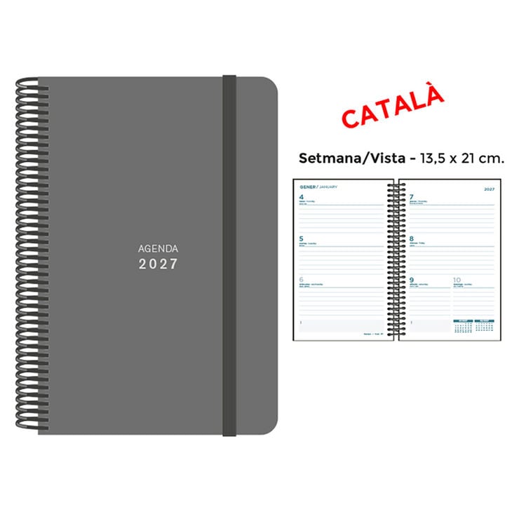 Agenda Espiral Finocam 13,5x21 cm Catal&aacute;n Semana Vista 2027 Gris