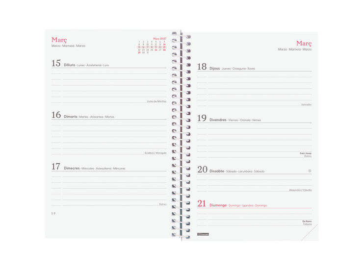 Agenda Finocam Design Collection Semana Vista Horizontal 2027 Catal&aacute;n Flora