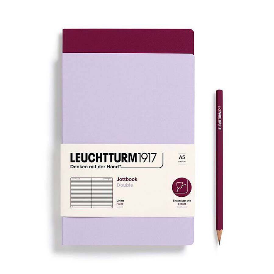 Libreta Leuchtturm Jottbook double A5 tapa blanda raya lilac/port red