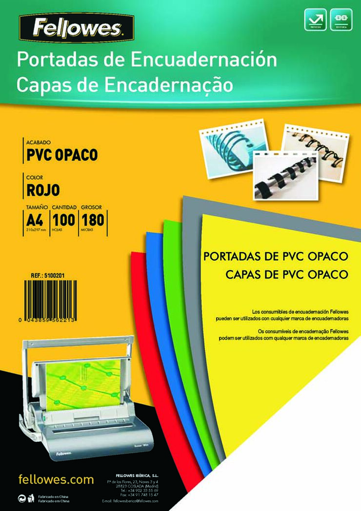 Tapa de encuadernar A4 Fellowes PVC 180 micras rojo 100u