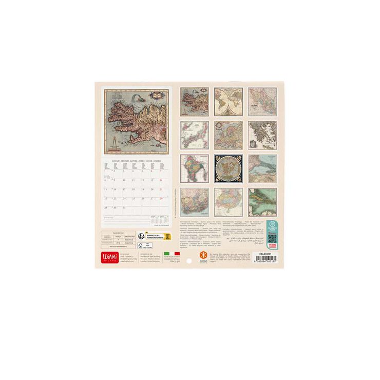 Calendario pared Legami 18X18 2024 Vintage Maps