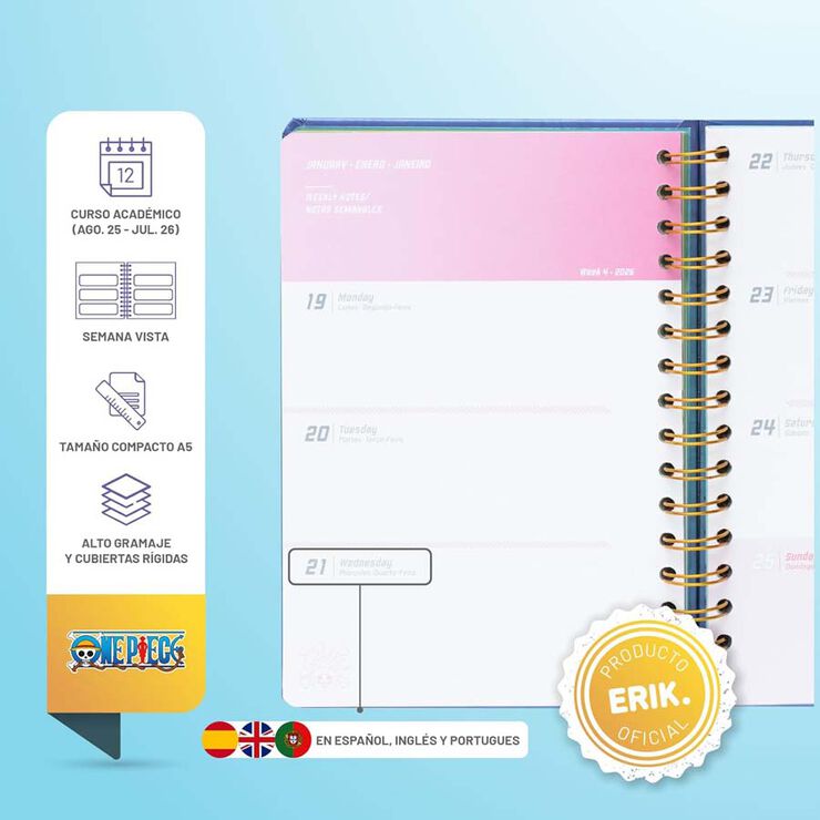 Agenda escolar Erik A5 setm/vista multilingüe 2025-26 One Piece