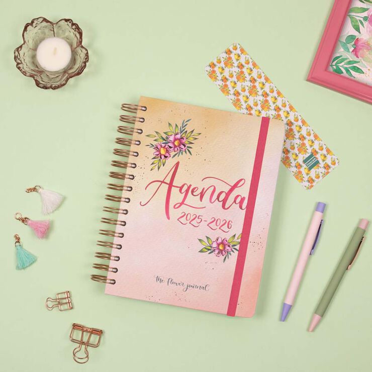 Agenda Finocam escolar The Flower Journal E10 día/pág cas 2025-26 rosa