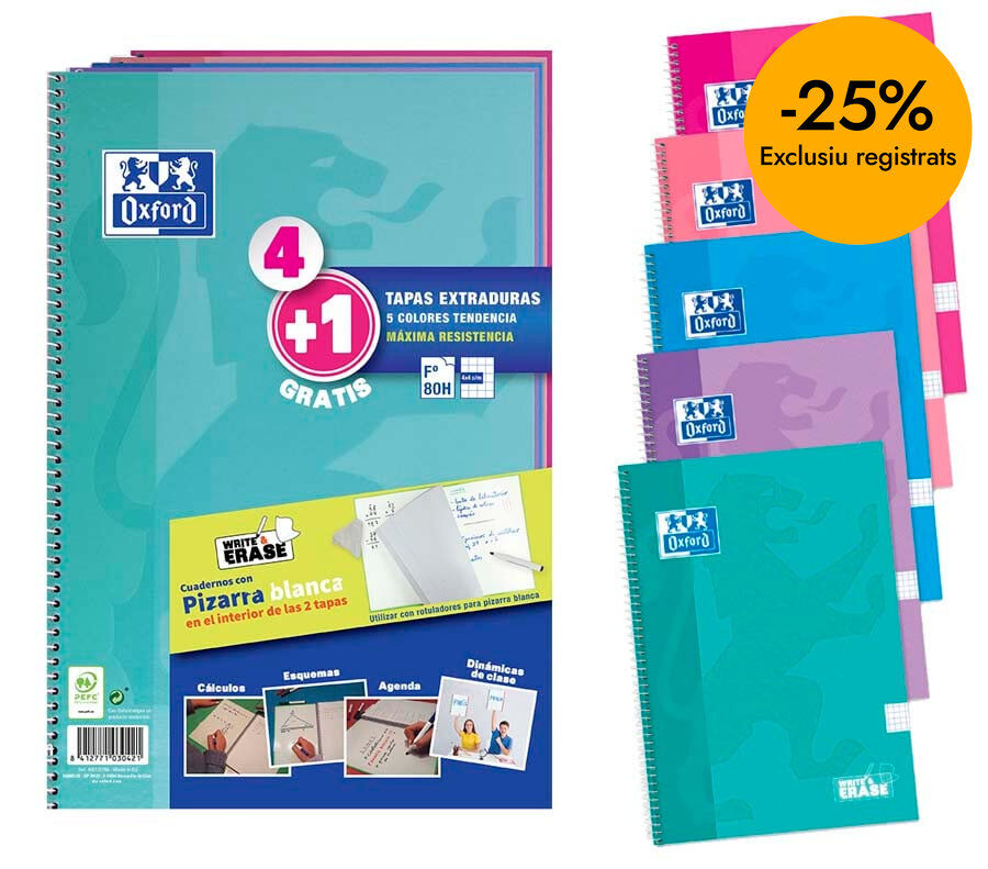 Llibretes espiral Oxford Foli 80 fulls 4x4 colors pastel 4+1u
