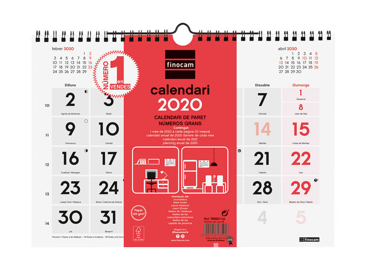 Calendario Pared números grandes M Catalán Rojo