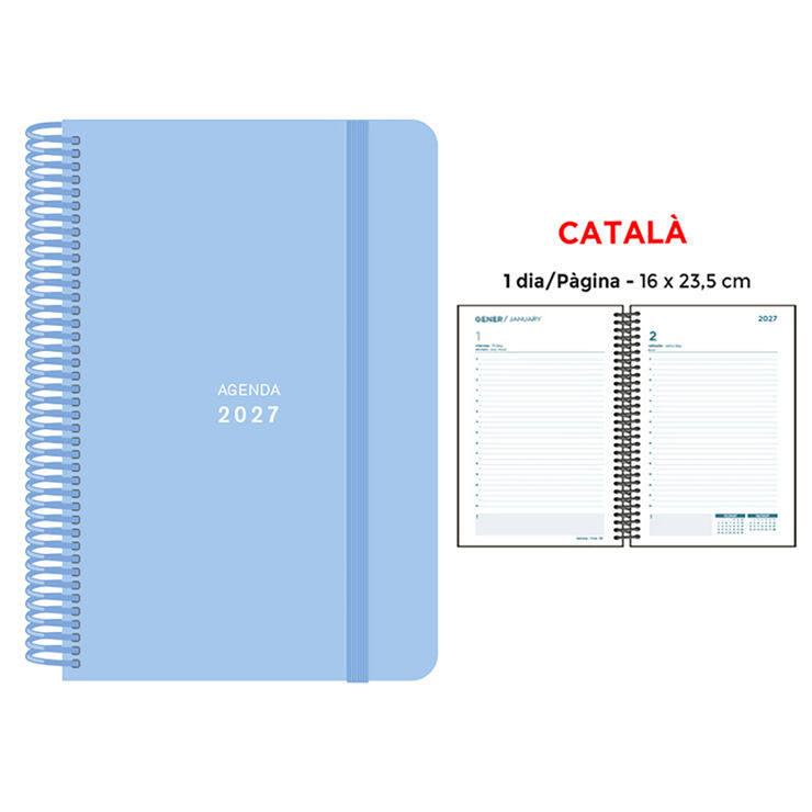 Agenda Espiral Finocam 16x23,5 cm Catal&aacute;n D&iacute;a P&aacute;gina 2027 Azul Pastel