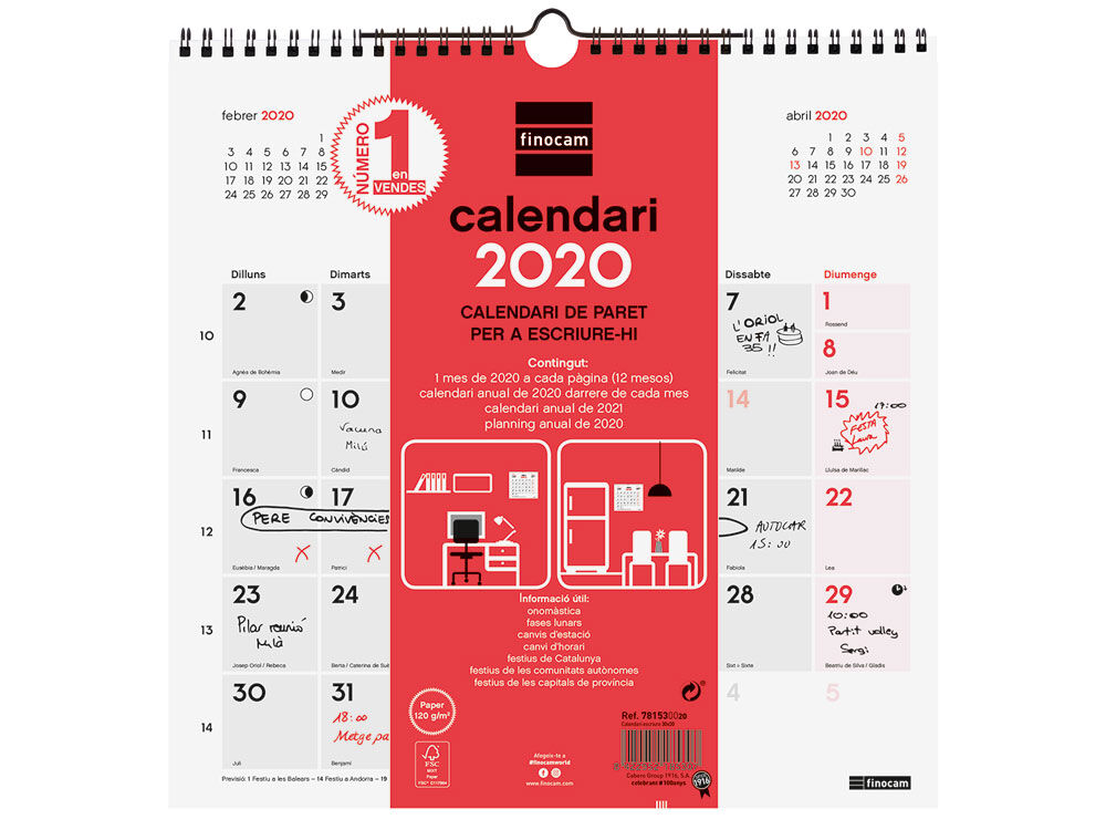 Calendario Pared para escribir 2020 Catal&aacute;n Rojo
