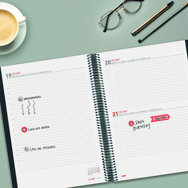 Agenda Finocam 16M Ikon E40 D&iacute;a/P&aacute;gina Multiling&uuml;e 2026-27 Negro