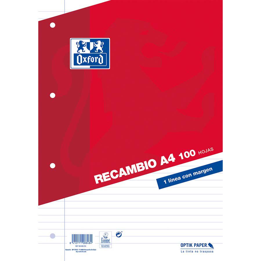 Recambio Papel A4 100 hojas raya margen Oxford
