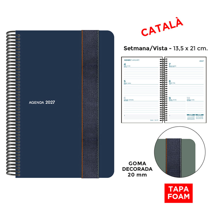 Agenda Espiral Finocam 13,5x21 cm Catal&aacute;n Semana Vista Foam 2027 Azul Oscuro