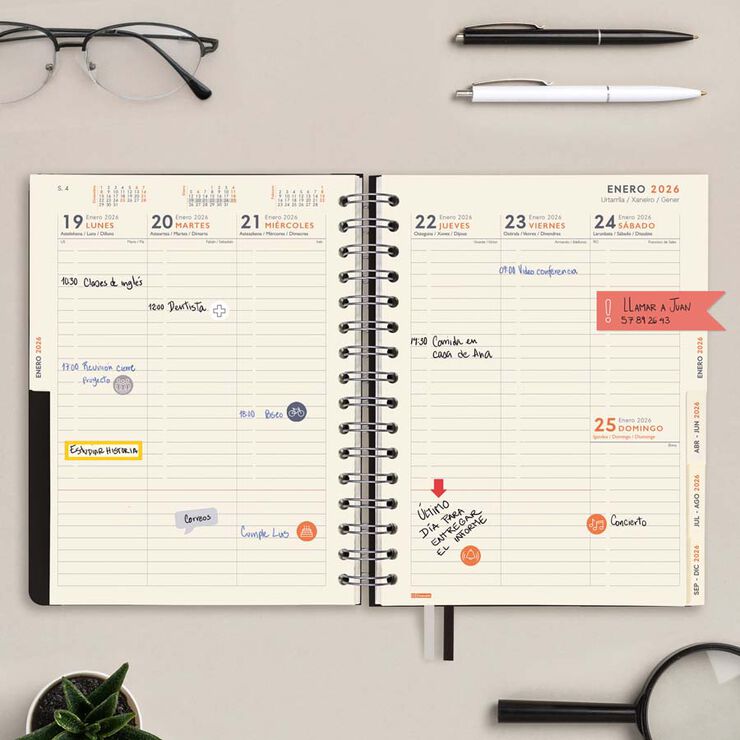 Agenda Finocam 16 mesos Tempus 1/4 setm/vista vertical cas 2025-26 negre