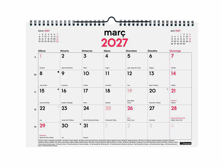 Calendario Pared Finocam 16M 34x24cm Catal&aacute;n 2026-27