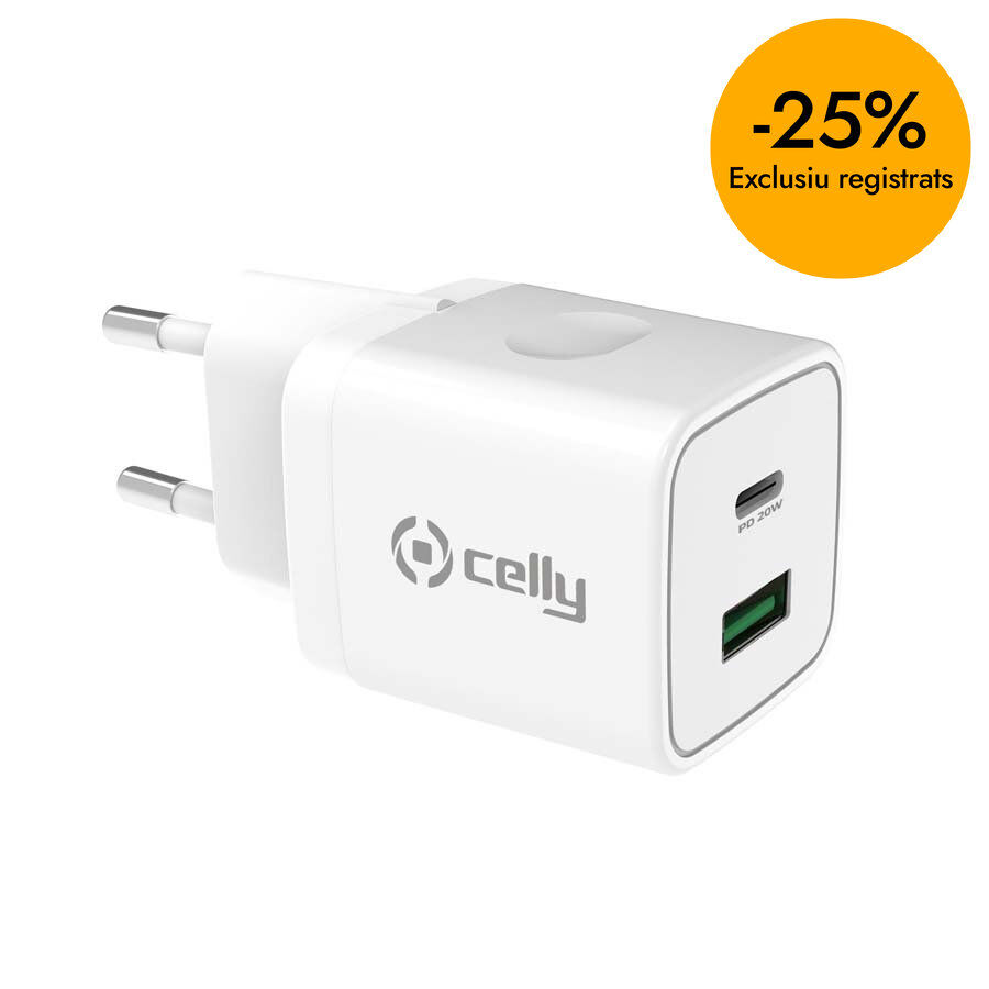 Carregador 20W 2 Ports&nbsp;Usbc&nbsp;Blanc&nbsp;Celly