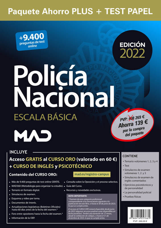 Paquete Ahorro PLUS + TEST PAPEL Escala B&aacute;sica Polic&iacute;a Nacional 2022