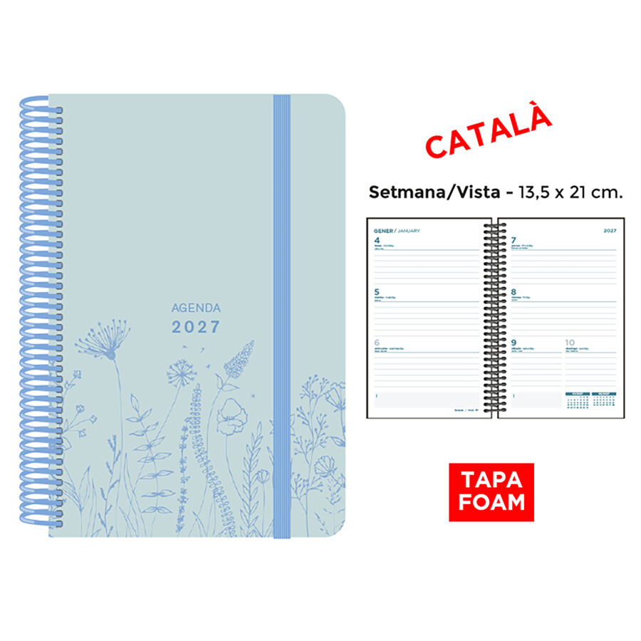 Agenda Espiral Finocam 13,5x21 cm Catal&aacute;n Semana Vista 2027 Foam Azul