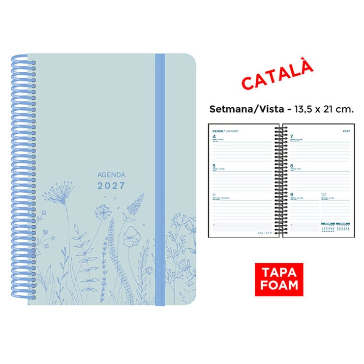 Agenda Espiral Finocam 13,5x21 cm Catal&aacute;n Semana Vista 2027 Foam Azul