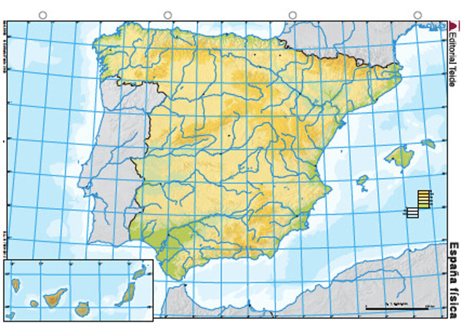 Mapa mudo Espa&ntilde;a f&iacute;sica (Color) (25 uds.)