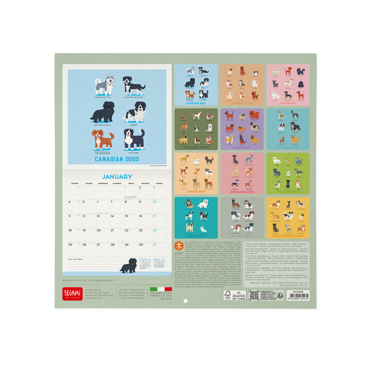 Calendario Legami 30x29 Pared Dog World Multiling&uuml;e 2027