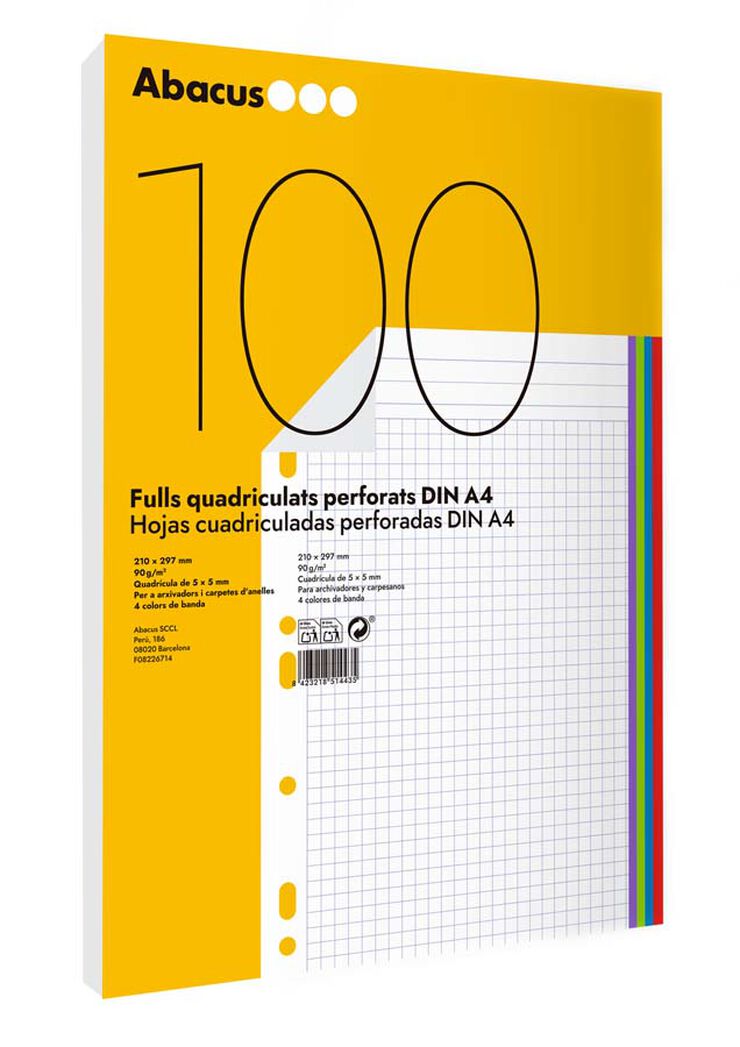 Recambio Notebook 4 Abacus A4 5x5 90g 100 hojas colores vivos