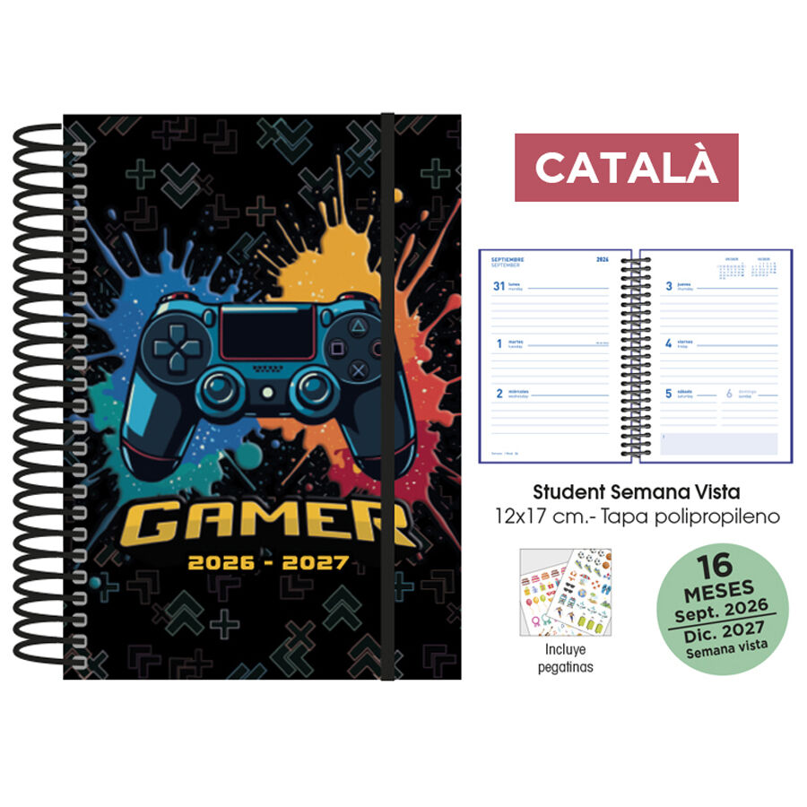 Agenda Paperblanks 16 Meses Espiral Semana/Vista Catal&aacute;n 2026-2027 Gamer Negra