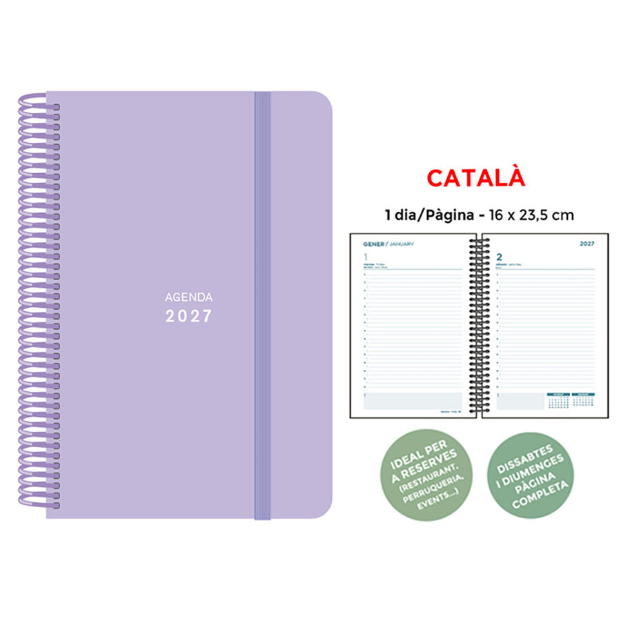 Agenda Espiral Finocam 16x23,5 cm Catal&agrave; Dia P&agrave;gina 2027 Lila Pastel
