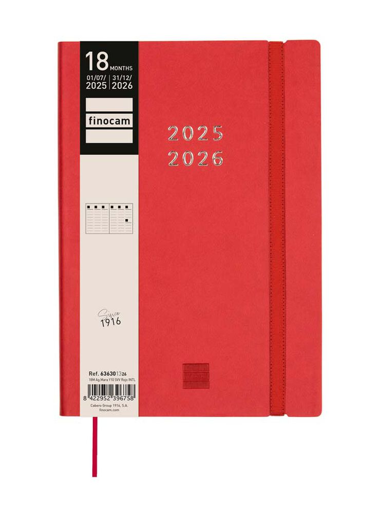 Agenda Finocam 18 meses Mara Y10 sem/vista vertical mult 2025-26 rojo