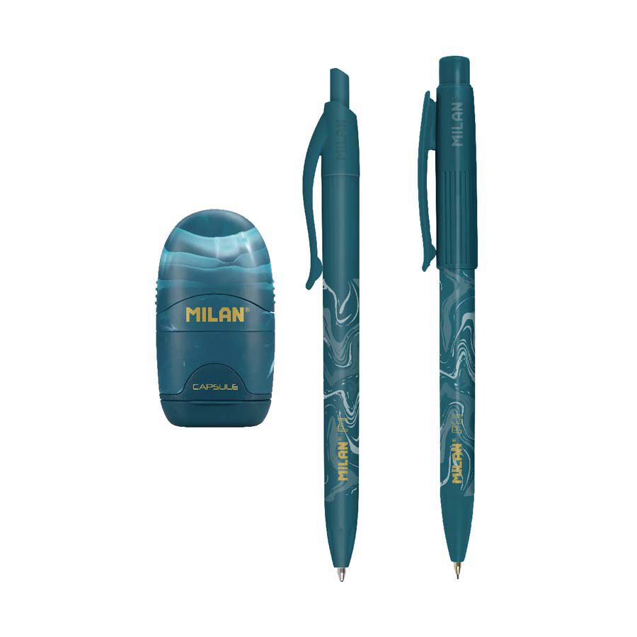 Bl&iacute;ster Bol&iacute;grafo + Portaminas + Sacapuntas con Goma Milan Lava Azul