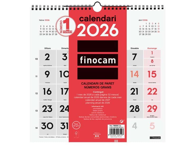 Calendario pared Finocam Números grandes 30X30 2026 catalán