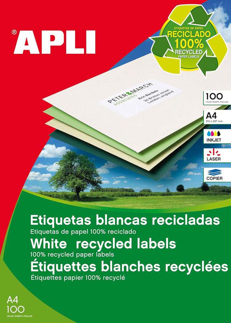 Apli 12066 - Etiquetas blancas permanentes recicladas 105,0 x 42,4 mm 100 hojas. Etiquetas blancas cantos rectos tamaño 105,0 x 42,4 mm con adhesivo