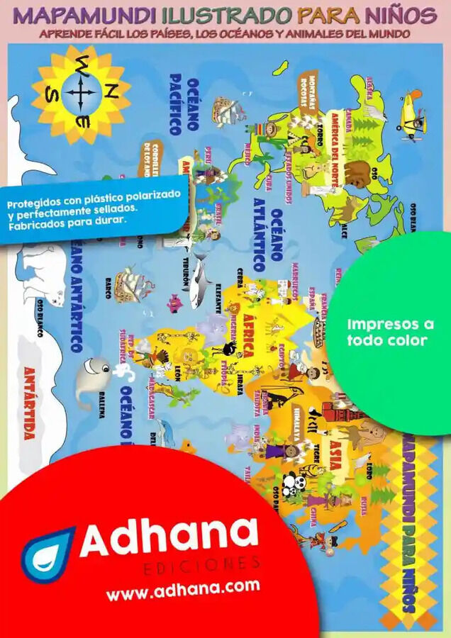 ADHA 35X50 Mapamundi Ilustrado Para Ni&ntilde;o