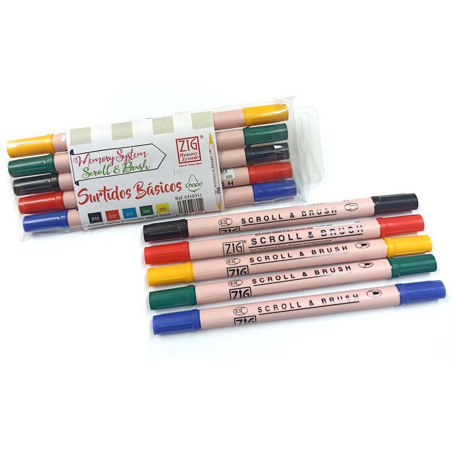 Retoladors Zig Scroll&Brush b&agrave;sics 5 colors