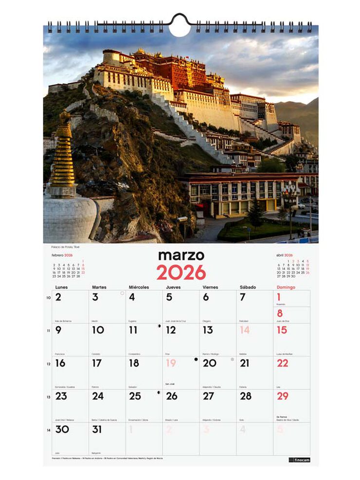Calendario pared Finocam espiral 25x40 2026 Maravillas Del Mundo castellano