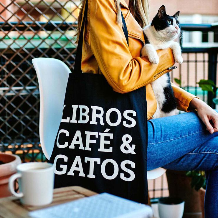 Tote bag ''Libros, caf&eacute; y gatos''