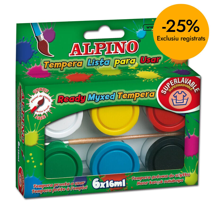 T&eacute;mpera Alpino 6 colores, pincel y bandeja