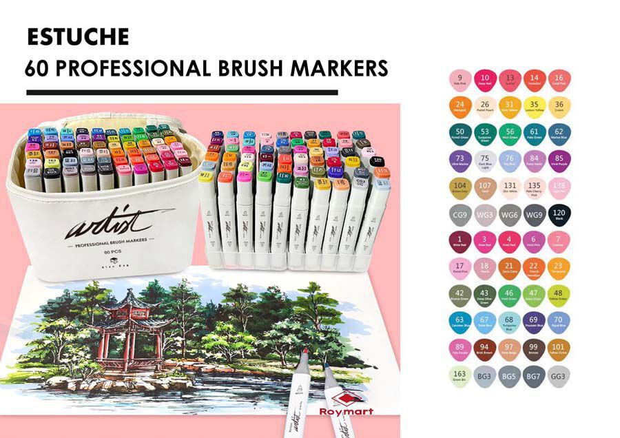 Estuche 60 Rotuladores alcohol Roymart Artist Brush