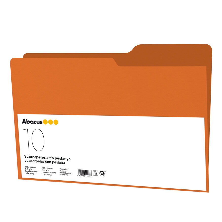 Subcarpeta Abacus A4 con pesta&ntilde;a 240g naranja 10u