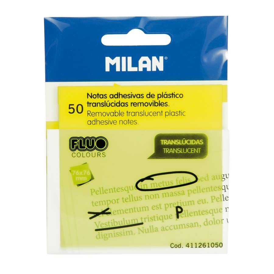 Notas adhesivas transl&uacute;cidas Milan 76x76mm amarillo fluo