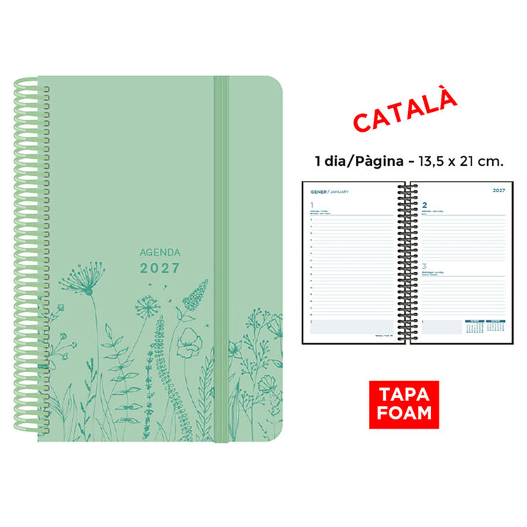 Agenda Espiral Finocam 13,5x21 cm Catal&aacute;n D&iacute;a P&aacute;gina 2027 Foam Verde