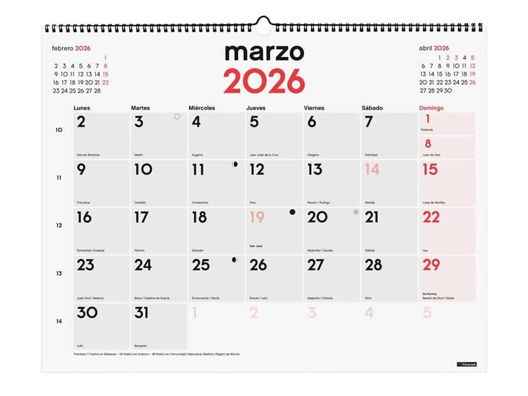 Calendario pared Finocam Mixto XL 2026 castellano