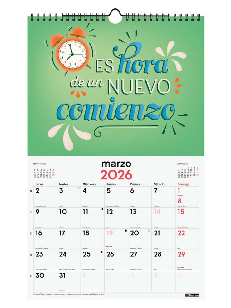 Calendario pared Finocam espiral 25x40 2026 Frases inspiradoras castellano
