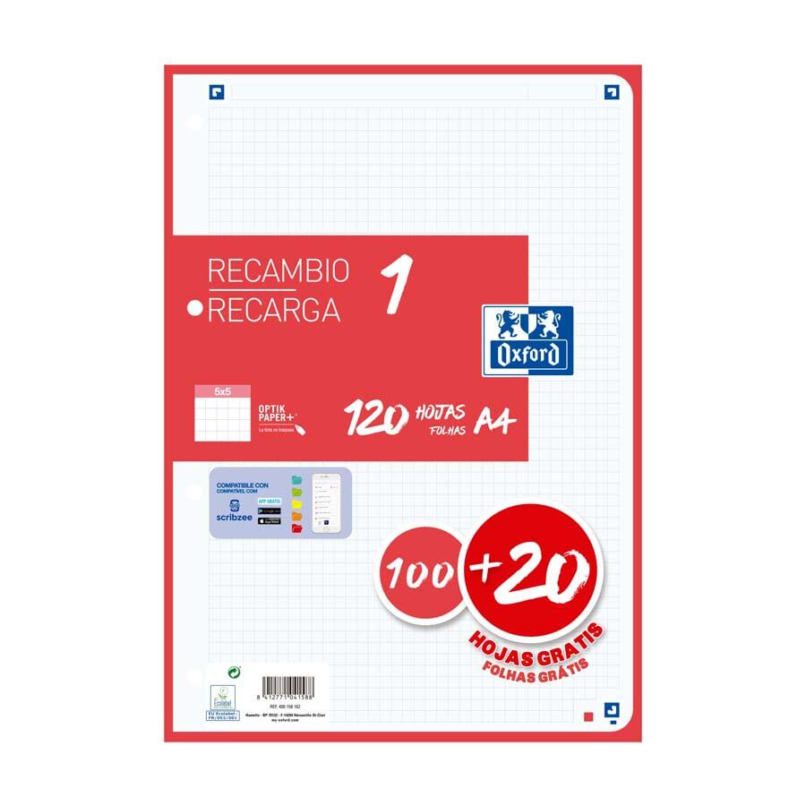 Recambio Note book 1 Oxford A4 5x5 100+20 hojas rojo
