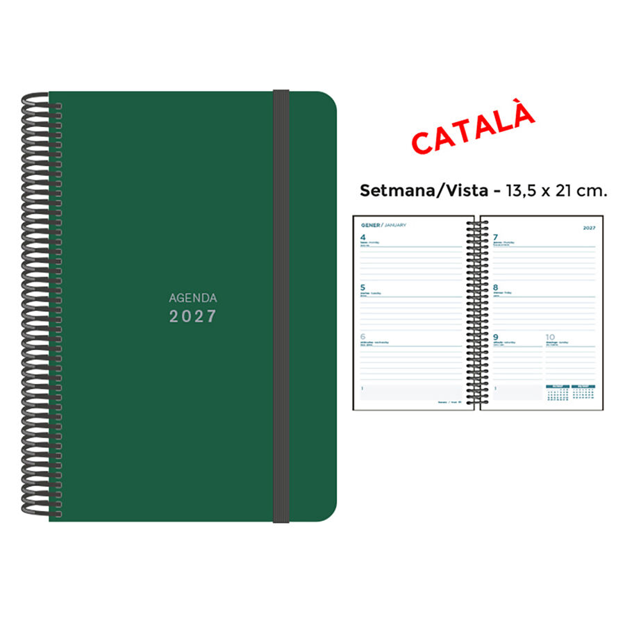 Agenda Espiral Finocam 13,5x21 cm Catal&aacute;n Semana Vista 2027 Verde Oscuro