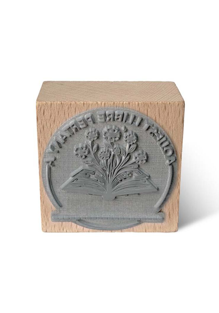Segell Exlibris fusta Llibre i Flors 6x6cm