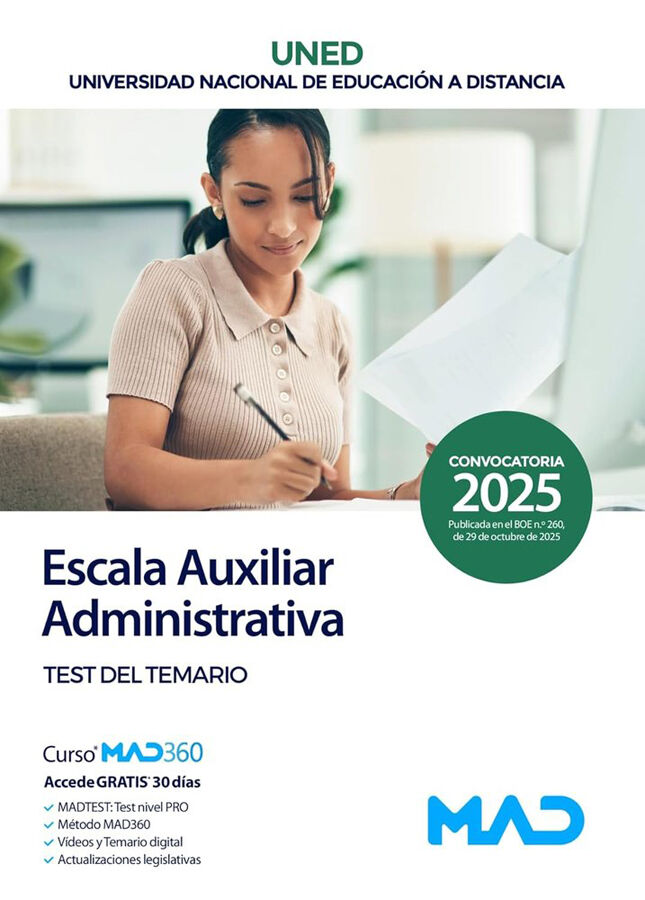 Escala Auxiliar Administrativa de la Universidad Nacional de Educaci&oacute;n a Distancia (UNED). Test del temario