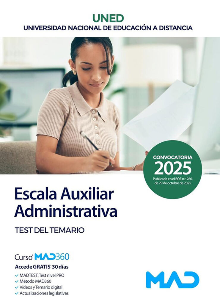 Escala Auxiliar Administrativa de la Universidad Nacional de Educaci&oacute;n a Distancia (UNED). Test del temario